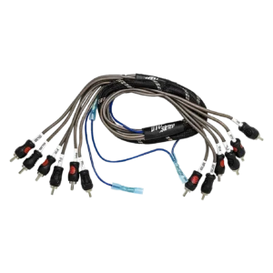Bundle of RCA cables on black background.