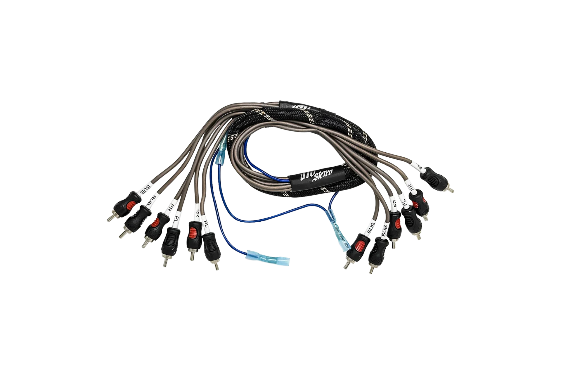 Bundle of RCA cables on black background.