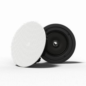 Round ceiling speaker with cover on black.