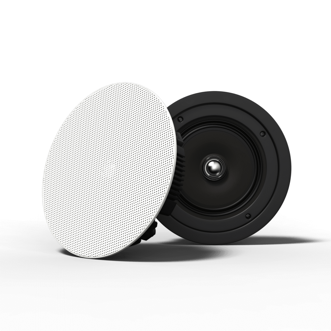 Round ceiling speaker with cover on black.