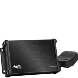 Black audio amplifier with attached microphone.