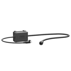 Black electronic device with attached cable.