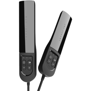 Two black electronic devices with buttons.