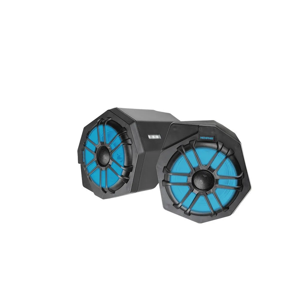 Two blue and black hexagonal speakers.