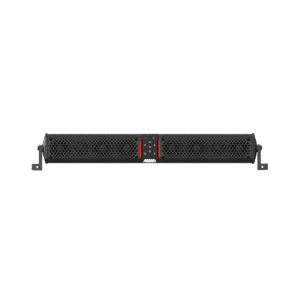 Black network device with perforated front panel.