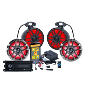 Red LED speakers with remote and accessories.