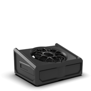 Black futuristic device with circular component design.