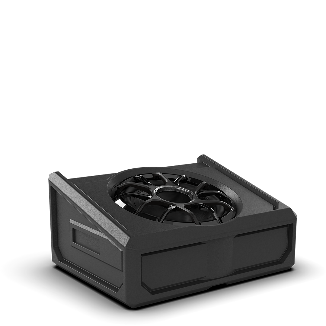 Black futuristic device with circular component design.