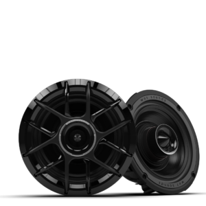 Black car speakers on a dark background.
