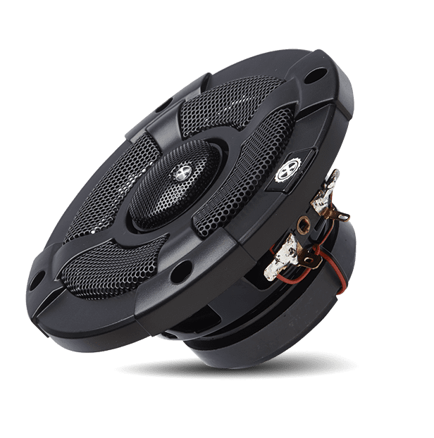 Black car audio speaker on black background.