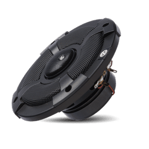 Black car audio speaker on black background.