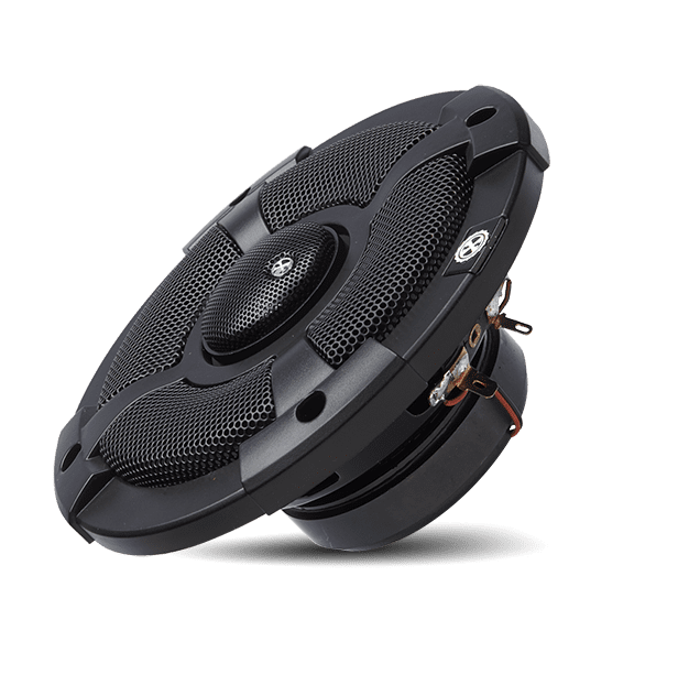 Black car audio speaker on black background.