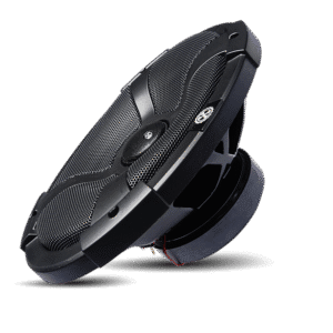 Black car audio speaker on black background.