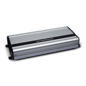 Silver PowerBass car audio amplifier on black.