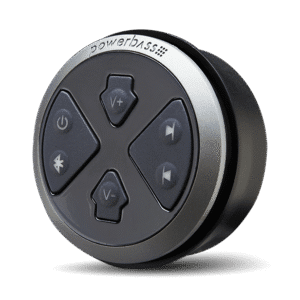Round black and silver remote control device.