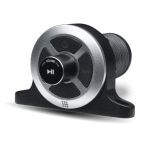 Silver volume knob with play button.