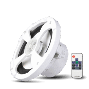 White speaker with remote on black background.