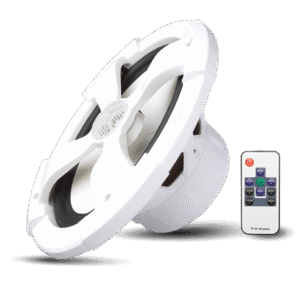 White ceiling fan with remote control.