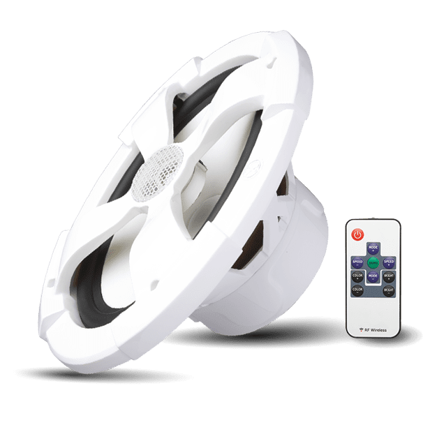 White ceiling fan with remote control.