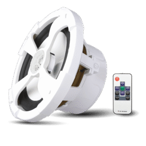 White ceiling speaker with remote control.