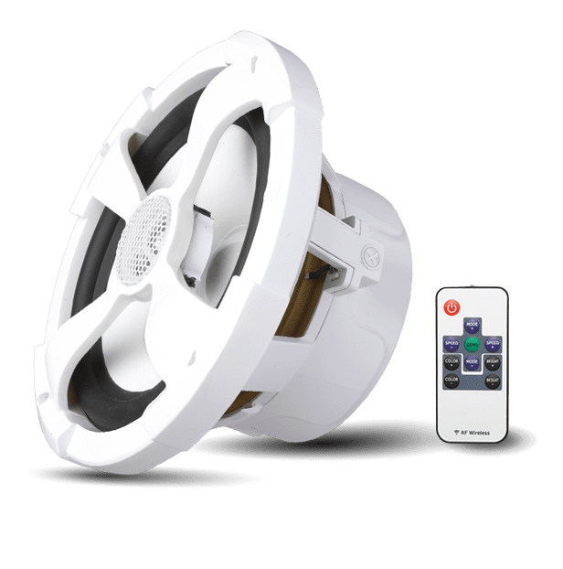 White ceiling speaker with remote control.