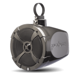 Black waterproof speaker with mounting bracket.