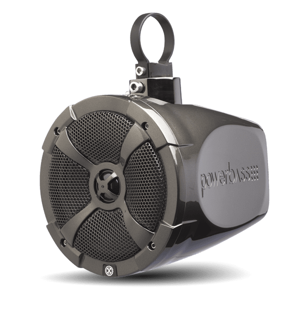 Black waterproof speaker with mounting bracket.