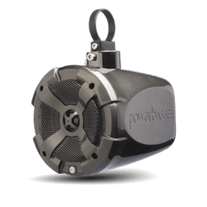 Black and silver outdoor speaker with mount.