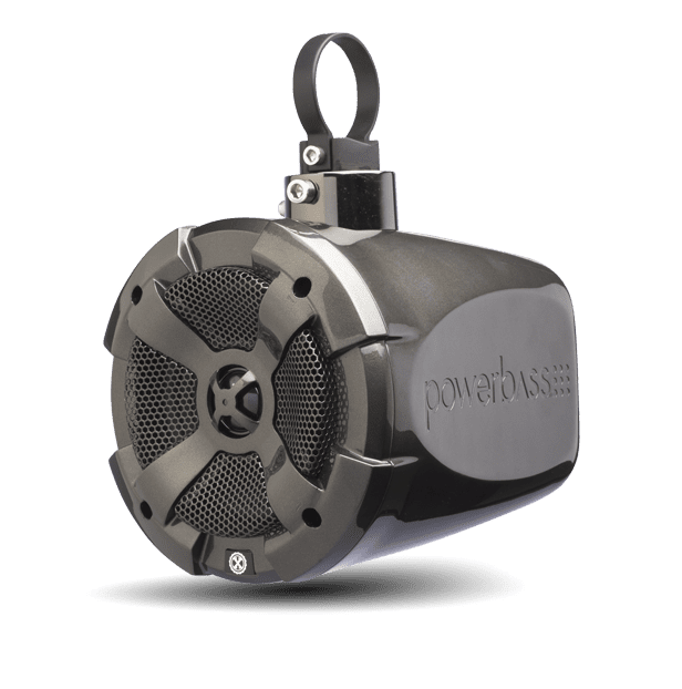 Black and silver outdoor speaker with mount.
