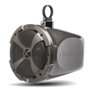 Outdoor marine speaker with mounting bracket.
