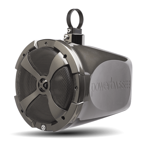 Outdoor marine speaker with mounting bracket.
