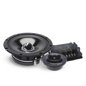Car audio speaker components on black background.