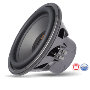 Car audio subwoofer on black background.