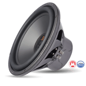Car audio subwoofer with logo badges.