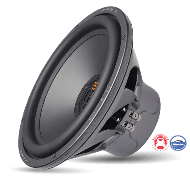 Car audio subwoofer on black background.
