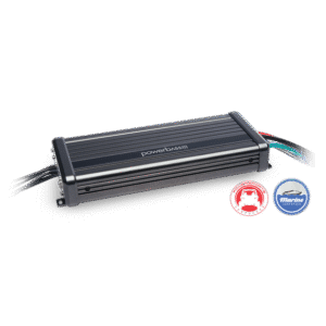Compact black audio amplifier with logo badges.