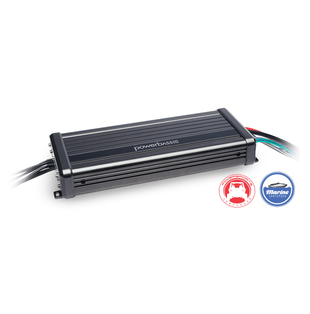 Compact black audio amplifier with logo badges.
