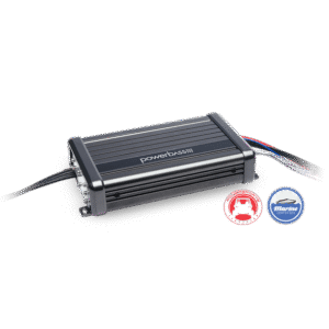 Car audio amplifier with marine certification logos.