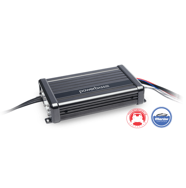 Car audio amplifier with marine certification logos.