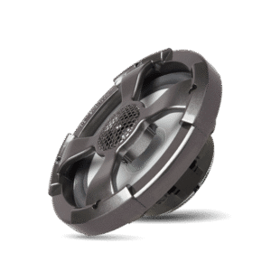 Car audio speaker on black background.