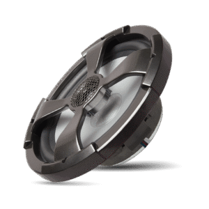 Car audio speaker with black grille.