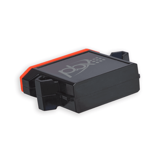 Black electronic device with red accents.