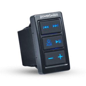 PowerBass remote control with blue buttons.
