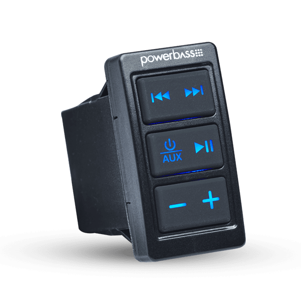 PowerBass remote control with blue buttons.