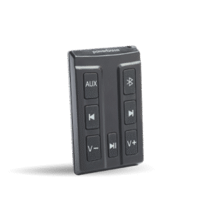 Black remote control with various buttons.