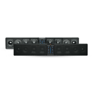 Black audio speaker system on black background.