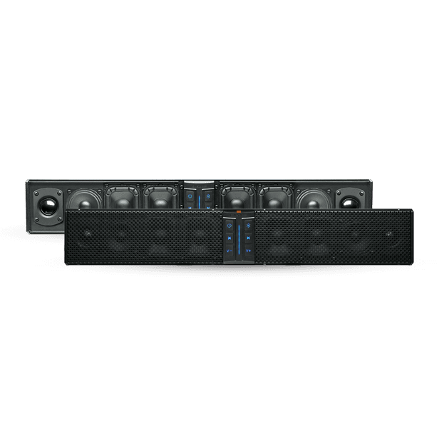 Black audio speaker system on black background.