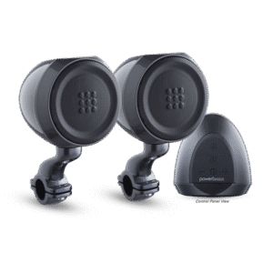 Two black speakers with a control unit.