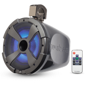 Speaker with blue light and remote control.