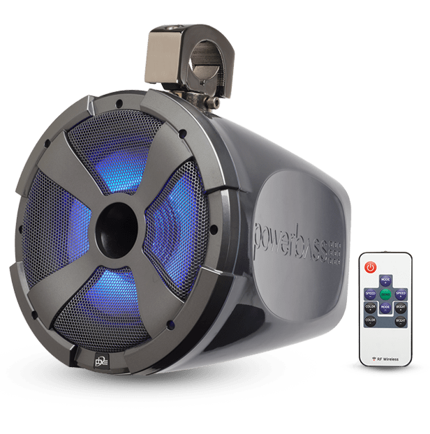 Speaker with blue light and remote control.